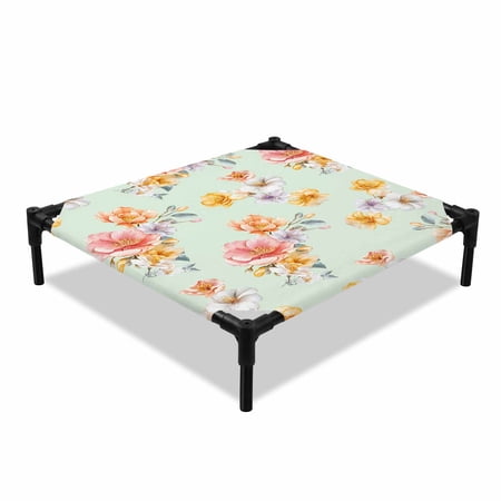 Spring Floral Elevated Dog Bed Watercolor Gradient Pink Yellow Floral Romantic Retro Cooling Breathable Outdoor Raised Dog Cot Bed with Metal Frame Non-Slip Feet for Small Dog 20x20in