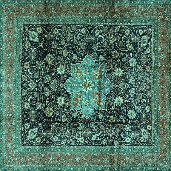 Ahgly Company Indoor Square Medallion Turquoise Blue Traditional Area Rugs, 8' Square