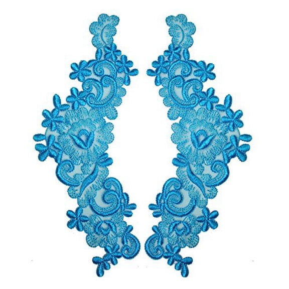 14 Colors 9"x3" Floral Embroidered Sheer Organza Motif Applique Patch by Pair (2 Pieces) (Turquoise)