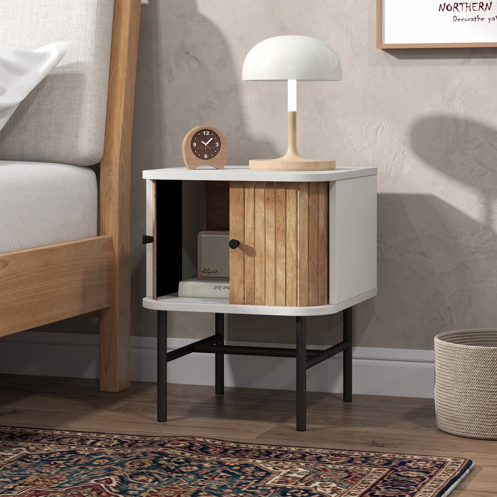 Furnibear Mid-century Modern Nightstand with Sliding Doors and Storage Cabinet, Compact Bedside Table with Metal Legs for Bedroom, White