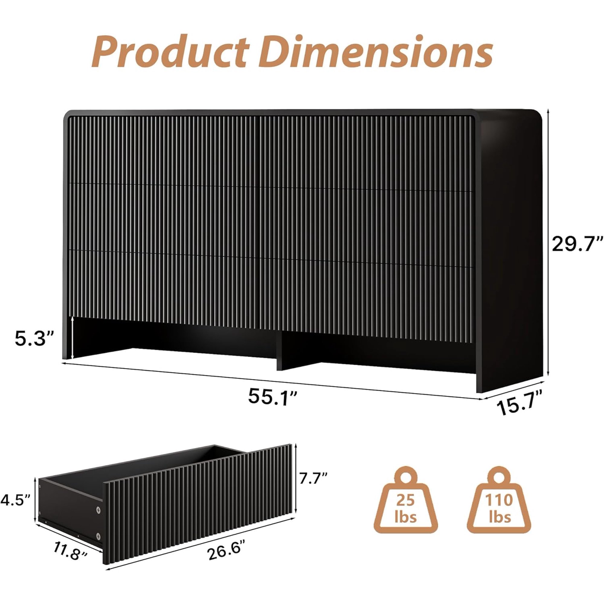 FURNIWAY Black 6 Drawer Dresser Push to Open Modern Curved Long Dresser for Bedroom Living Room Closet