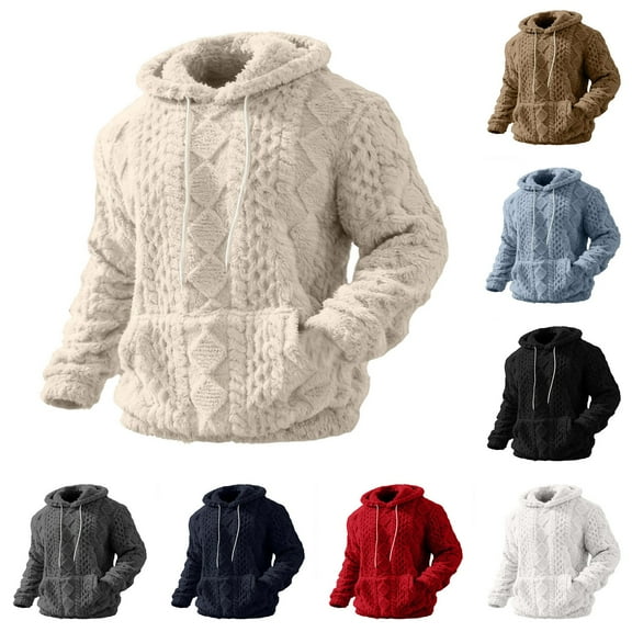 Mens Fuzzy Sherpa Hoodie Sweatshirts Long Sleeve Jacquard Fleece Hooded Pullover Fall Winter Warm Outwear with Pocket