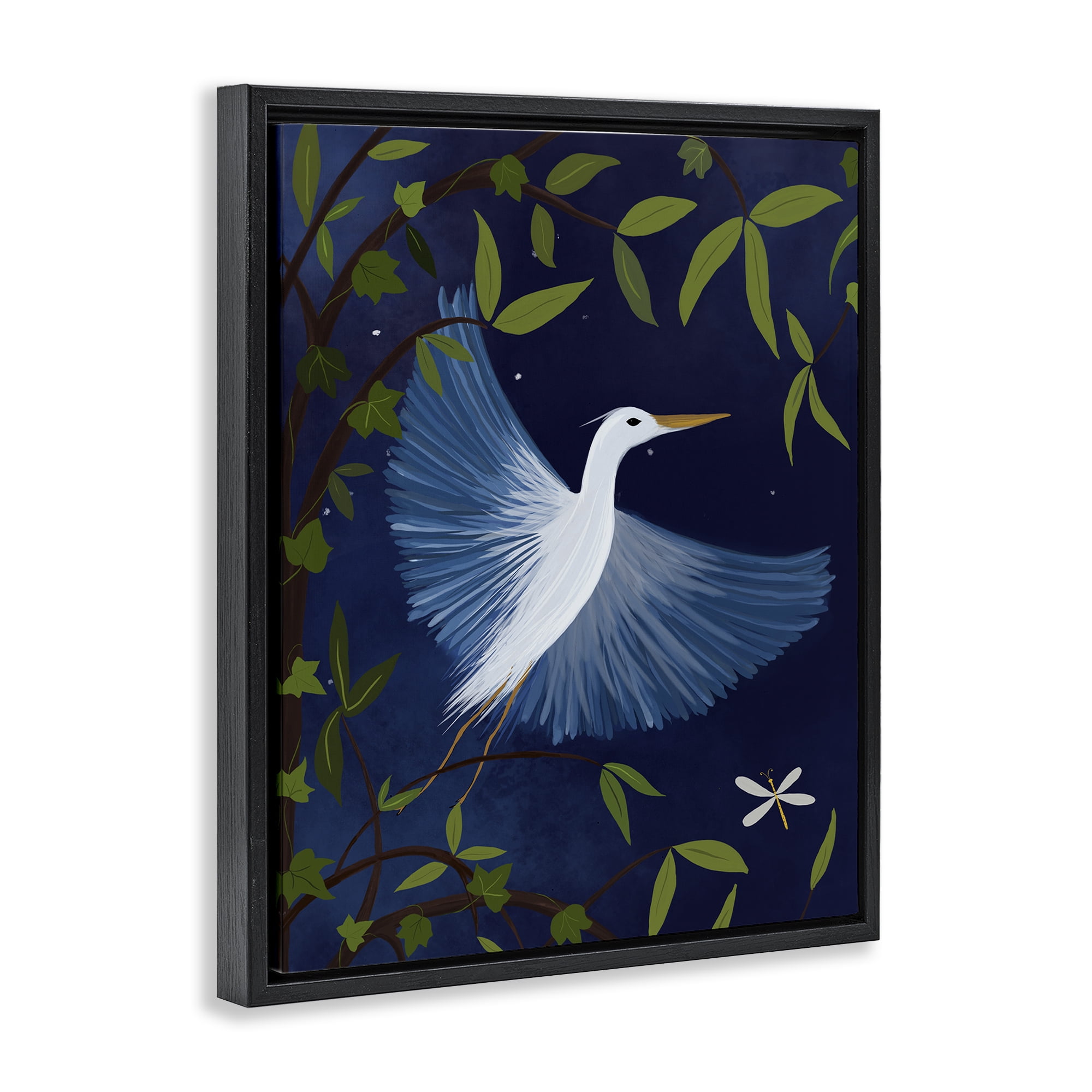 Stupell Industries Heron in Night Forest Animals Painting Black Floater Framed Canvas Art Print Wall Art, 17 x 21