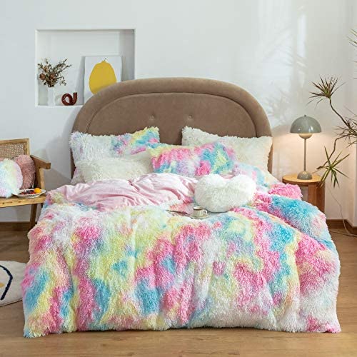 Plush Shaggy Duvet Cover Set , Faux Fur Fluffy 3Pcs Queen Size Bedding