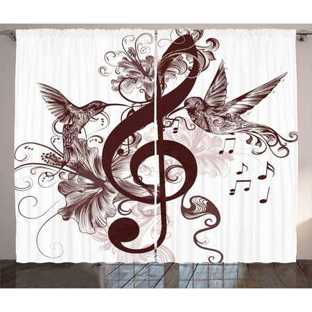 Music Decor Curtains 2 Panels Set, Cute Floral Design with Treble Clef and Singing Flying Birds Sparrows Artwork, Window Drapes for Living Room Bedroom, 108W X 90L Inches, Red Brown, by (Best Way To Keep Birds From Flying Into Windows)