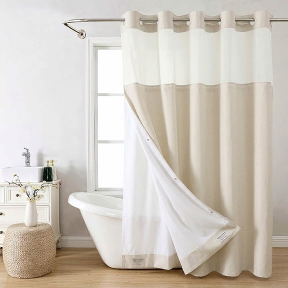 Cream Textured Polyester Shower Curtain with Snap-in Liner Set, 71"W x 74"L