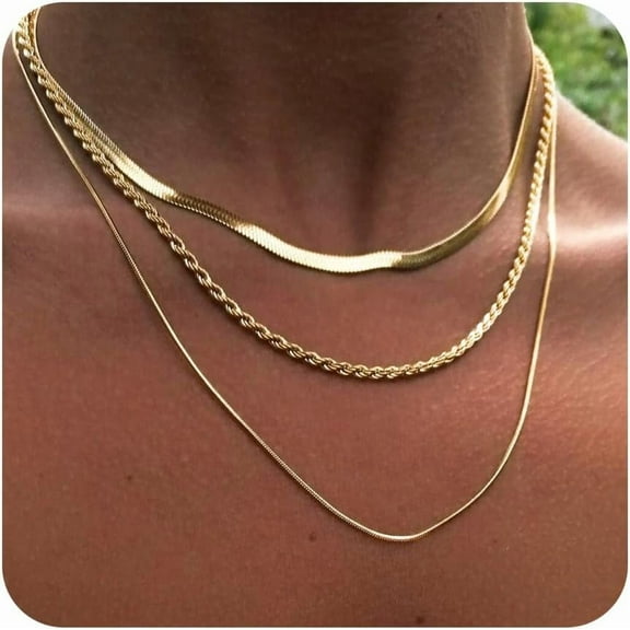 Layered Necklaces for Women,Dainty Gold Necklace for Women Trendy Gold Plated Necklace Set Stack Cuban Link Paperclip Chain Herringbone Jewelry Gifts 3Pcs