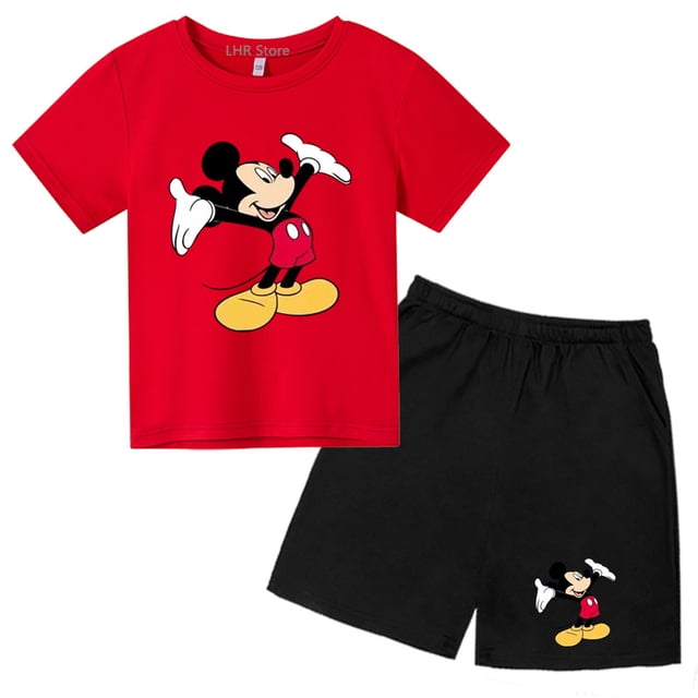 Ensemble d'Été pour Enfants et Adolescents Mickey Mouse T-shirts à Col Rond + Shorts, Convient aux Garçons et Filles de 2 à 12 Ans, Manches Courtes Décontractées