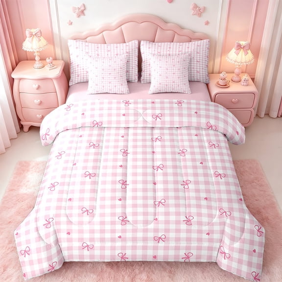 Manfei Girls Bow Twin Bedding Sets 7 Pieces,Cartoon Bowtie Bowknot Bedding Comforter Set 7 Pieces,Pink Geometric Buffalo Sheet Sets For Girl Kids,Super Cozy Bedroom Decorative Reversible