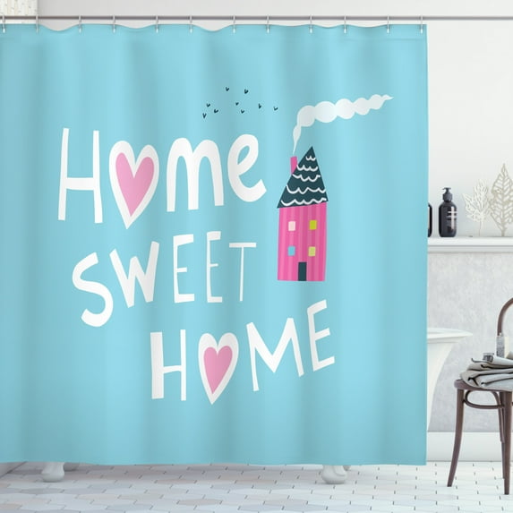 Home Sweet Home Shower Curtain, Image of House with Chimney and Smoke with Home Sweet Home Quote and Hearts, Fabric Bathroom Set with Hooks, 69W X 75L Inches Long, Multicolor, by Ambesonne