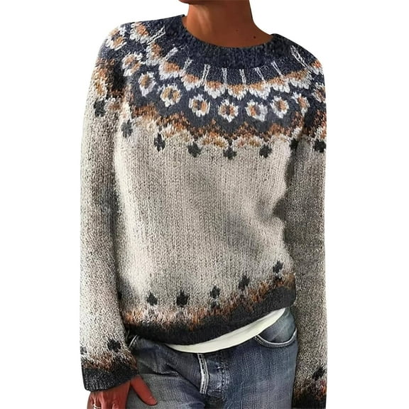 Bovemsi Sweaters for Women Cozy Women's Vintage Art Print Knit Crew Neck Pullover Sweater Fall Sweaters