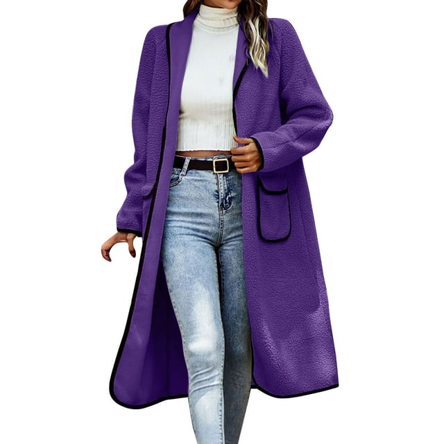 MIASHUI Cardigan Long à Col Cranté Couleur Unie Poche Contrastée Ouvert Vêtements d'Extérieur Chic pour Femmes Violet,TG