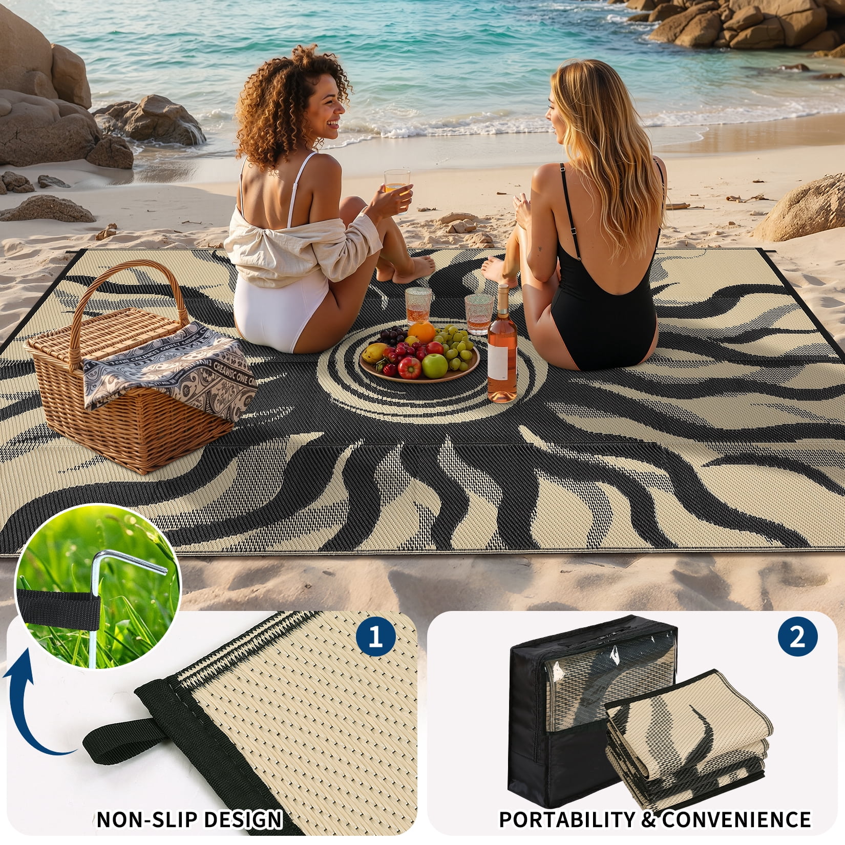 Garvee 9x12ft Outdoor Rug Waterproof Reversible Plastic Straw Rug, Modern Boho Sun Pattern Rug, Large RV Camping Mat Portable Outdoor Carpet for Patio, Balcony, Picnic, Beach, Deck, Black/Coffee