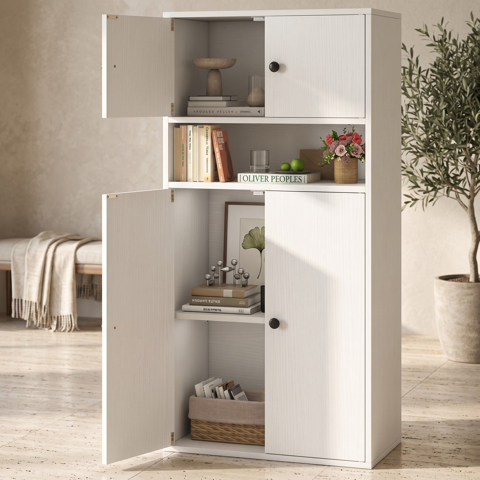 Furnibear 44 Inch Tall Bookshelf with Doors and Adjustable Shelf, Wood Storage Bookcase Cabinet with 2 Enclosed Cabinets and Open Compartment for Home Office, White