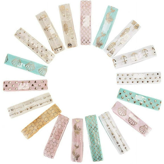 1Bag 18pcs 9 Syles Elastic Fold Over Ribbon Stretch Solid Sewing Printed Headbands Elastic Spandex Ribbon for Garment Bow Stretch Knitting Elastic(0.59in wide)