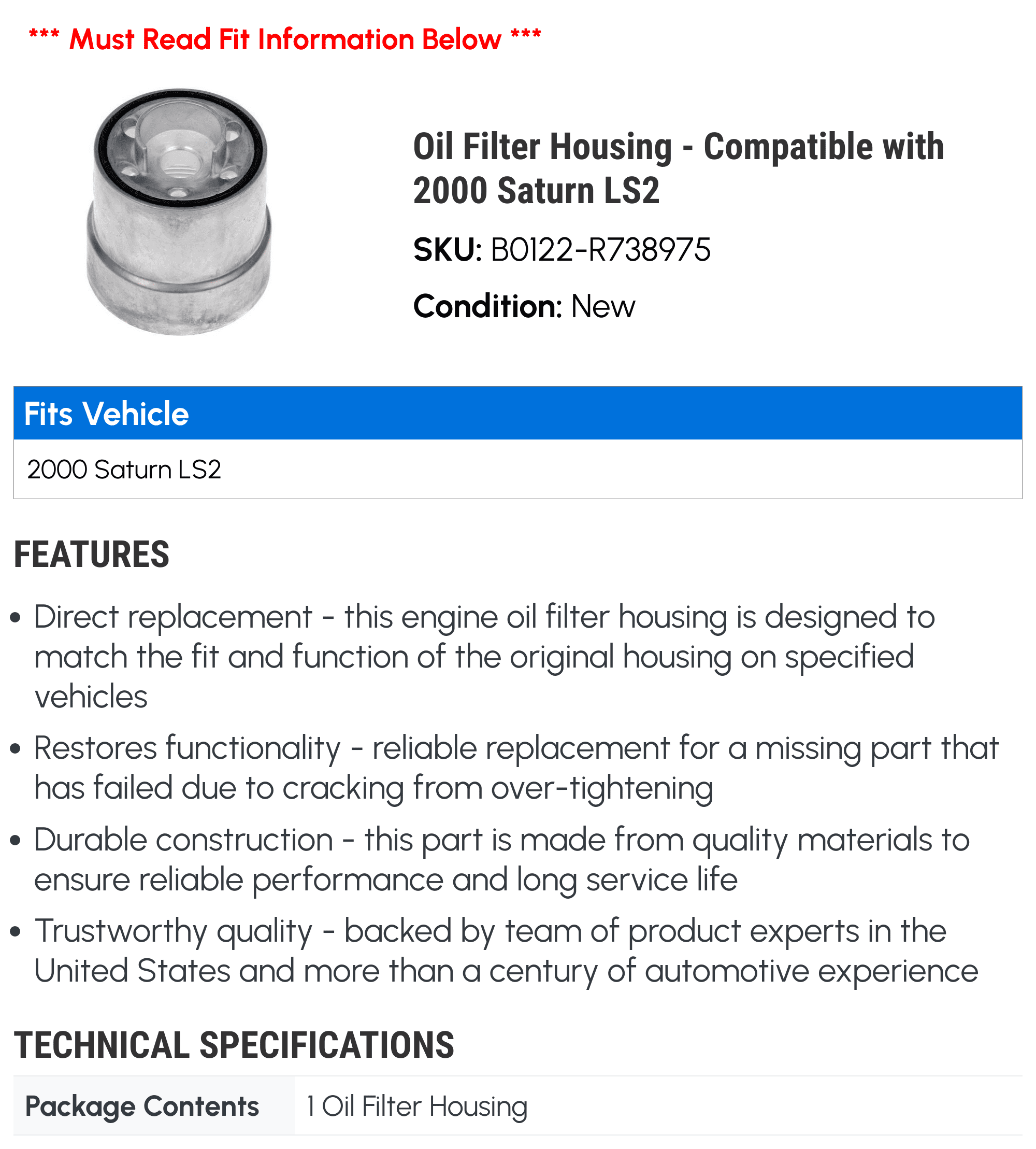 Oil Filter Housing - Compatible with 2000 Saturn LS2 - Dorman