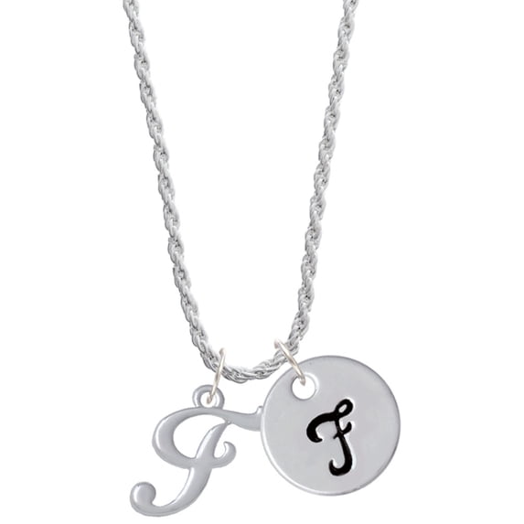 Delight Jewelry Silvertone Small Gelato Script Initial - F - Silvertone Script Initial Disc - F - Charm Necklace, 20"+3"