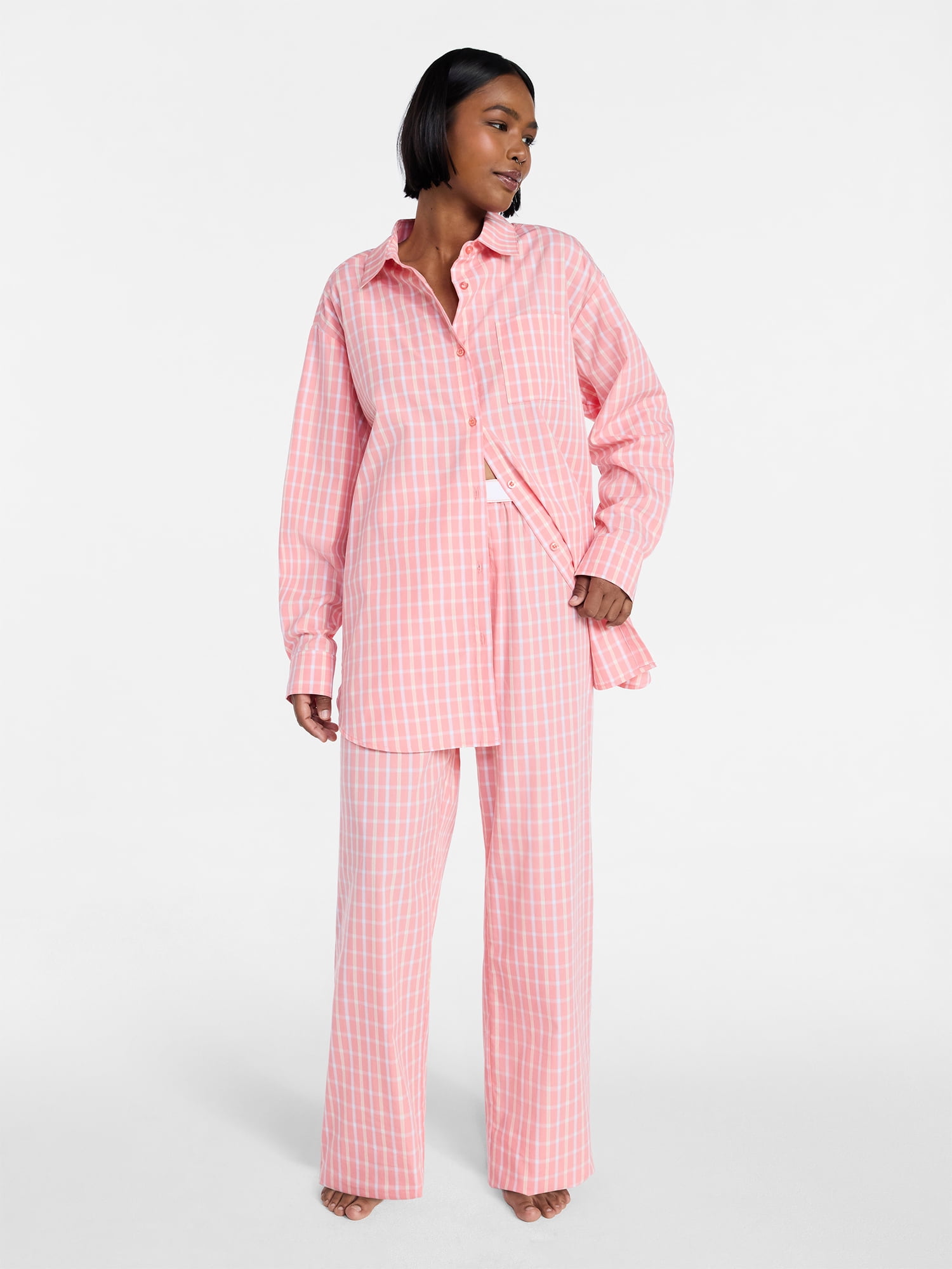 No Boundaries Sleepwear Button Shirt with Long Sleeves, Women's XS-XXL