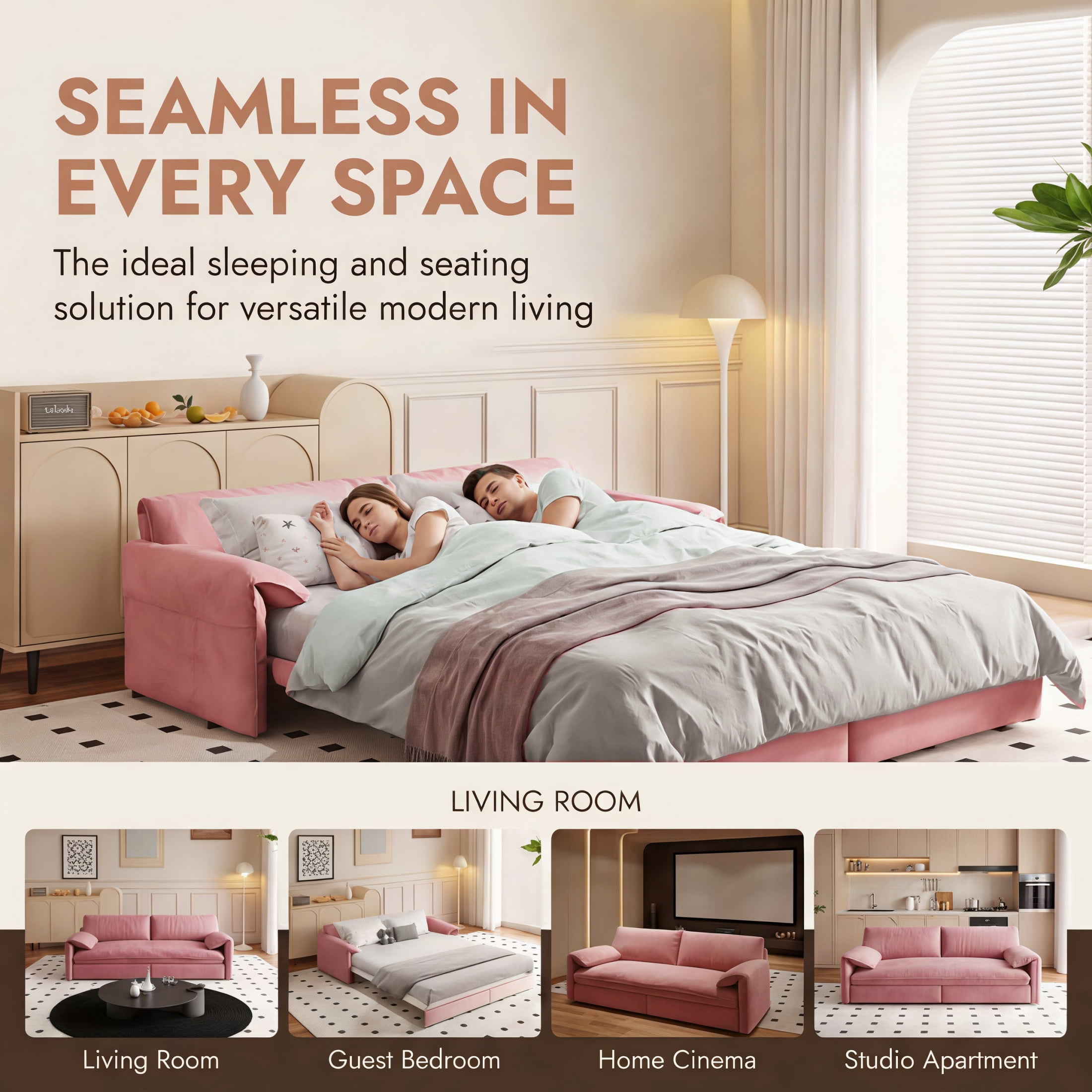 3-in-1 Queen Pull Out Sofa Bed, 66" Velvet Convertible Sleeper Couch with Deep Seat & Storage Pocket, Modern Folding Futon Sofa Bed, Pink