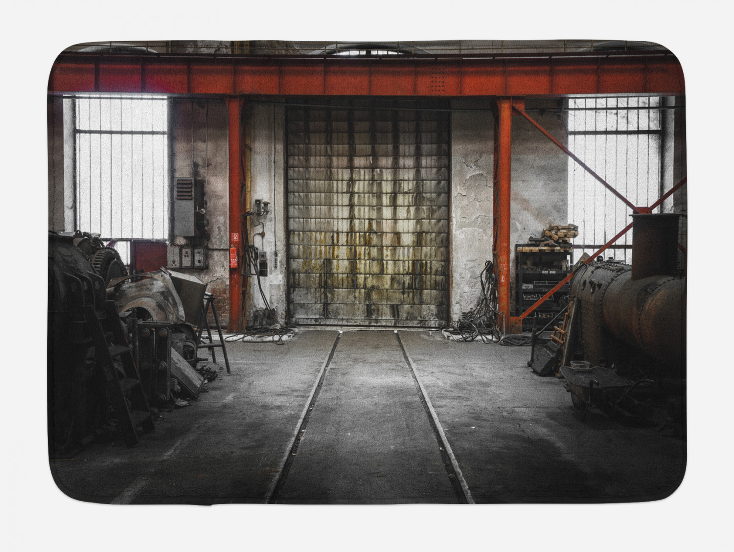 Industrial Bath Mat, Rusty Storage Warehouse with Big Gate Doorway Aged ...