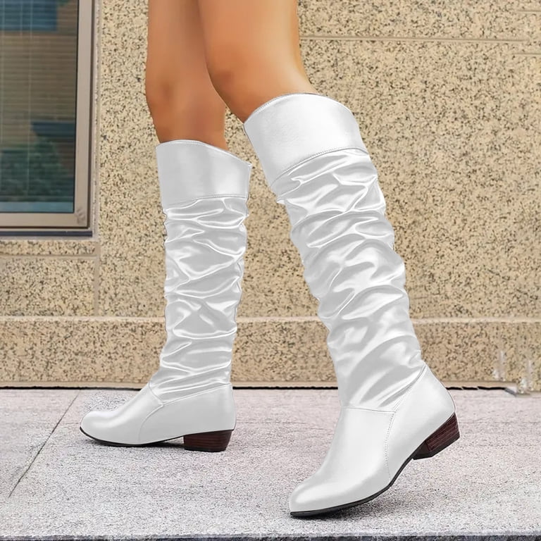 ladies flat dress boots Dakaela Women's Slouchy Knee High Leather Pull on Boot Side Zipper Fall Winter Shoes Boot Up for Winter Comfortable Stitching Lace-up Flat Boots
