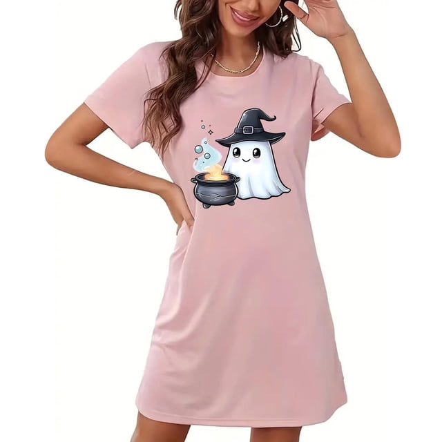 Taylonsss Chemise de Nuit Courte Grande Taille pour Femmes Halloween Imprimé Poitrine Col Rond Manches Courtes Saison Effrayant