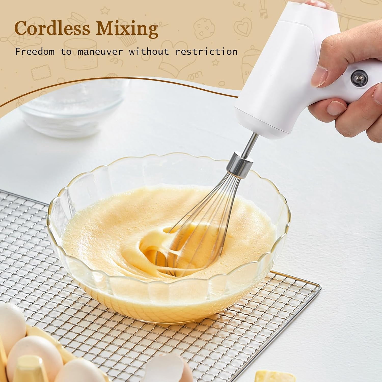 Cordless Hand Mixer, Handheld Electric Whisk with 3 Speed Modes, Held Egg Beater 2 Detachable Stir Whisks (White Silver)