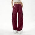 thumbnail image 2 of FRSASU Women's Cargo Pants Casual Hiking Loose Fit Parachute Pants High Waist Baggy Trousers with Multi Pockets Wine, 2 of 6