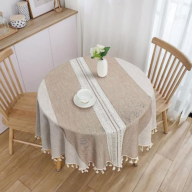 Nvzi Mantel de lino y algodón con borlas para mesa de cocina, comedor, manteles antiarrugas (marrón, redondo, 140cm)