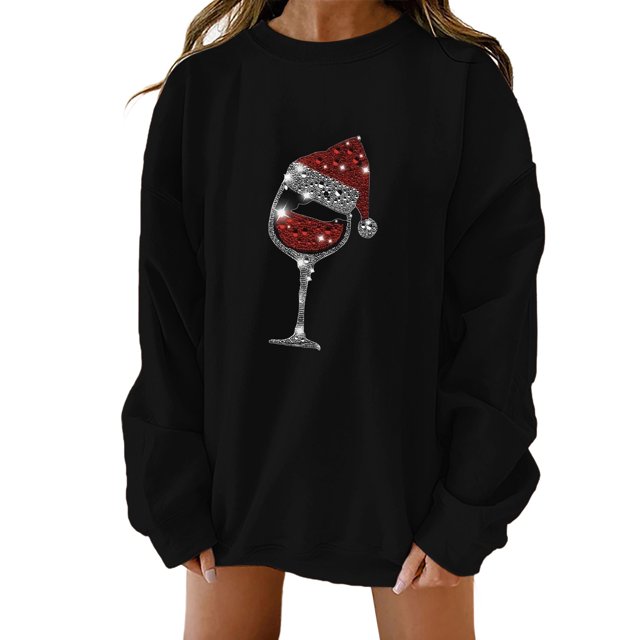 Bmisegm Women Chandail à Capuche Imprimé Verre de Vin Col Rond Chandail Décontracté pour Women Noir m