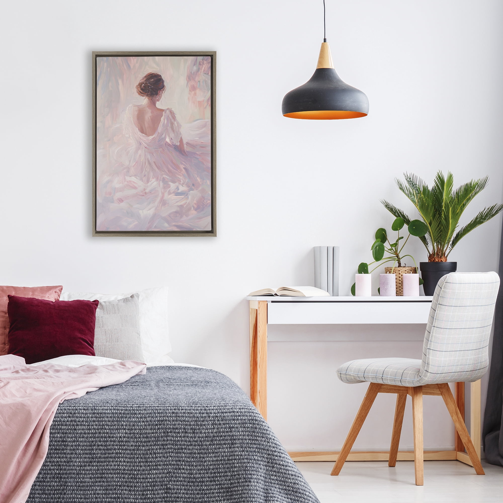 Stupell Industries Graceful Woman in Blush Gown Brown Framed Floater Canvas Wall Art, design by Petal Prints Design