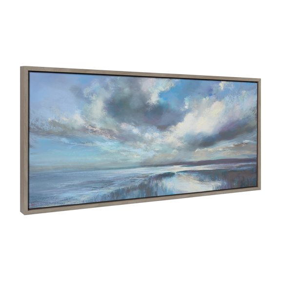 Kate and Laurel Sylvie The Tide Waits for No Man Framed Canvas Wall Art by Nel Whatmore, 18x40 Gray, Scenic Ocean and Skies View Painted Art for Wall Decor