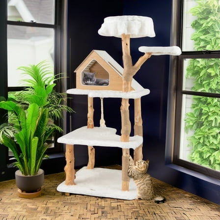 Pefilos 60" Solid Wood Cat Tree Tower for Indoor, Modern Cat Condo with Scratching Post, Cat Climbing Tree House Furniture, White