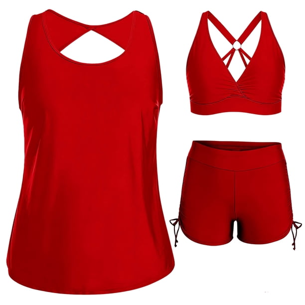 Tankini de moda para mujer, color sólido con cojín en el pecho y sin soporte de acero, traje de baño holgado con cordón dividido, trajes de baño de 3 piezas para mujer, trajes de baño tankini para muj