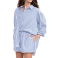 thumbnail image 6 of JULMCOMO 2 Piece Sets for Women Striped Button Down Long Sleeve Shirts Drawstring Wide Leg Summer Shorts Cruise Lounge Outfits Light Blue XL, 6 of 6