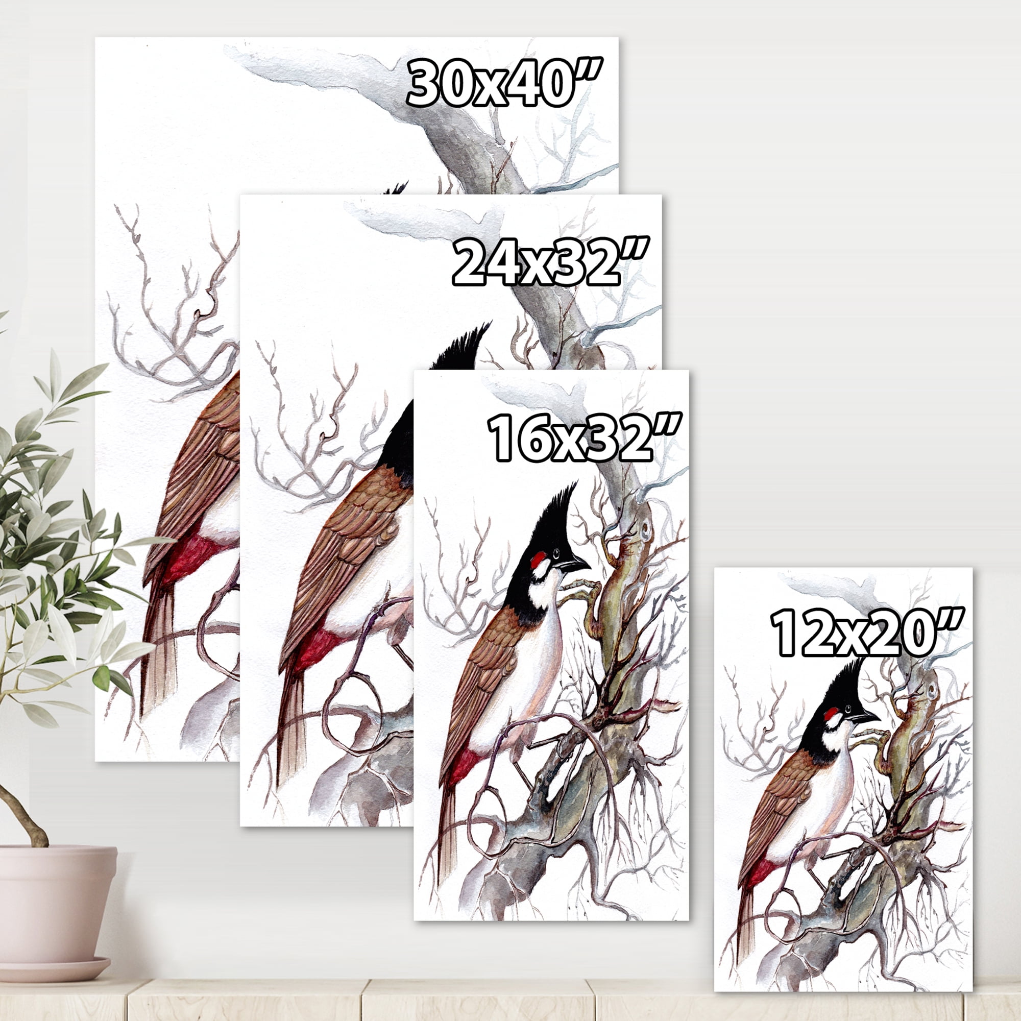 Ancient Beautiful Bird On A Branch 24 in x 32 in Painting Canvas Art Print, by Designart