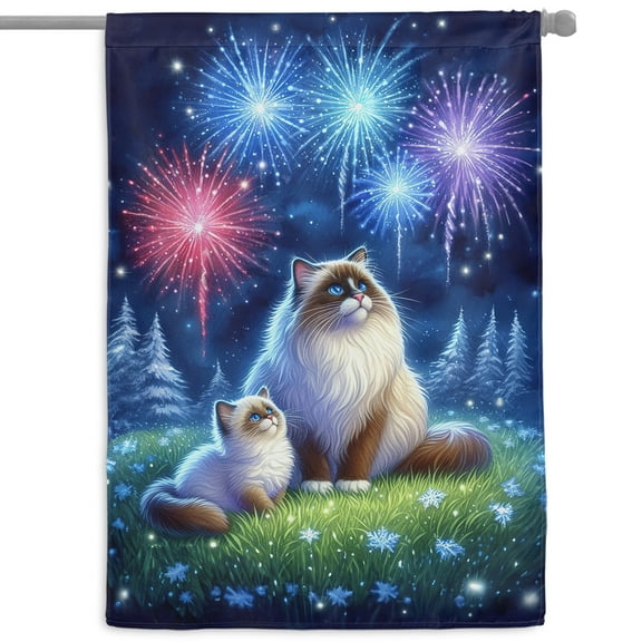 Happy New Year Ragdoll Family Cheer Winter Midnight Firework House Flag 28x40in Double Sided Cat Lover Kitten Owner Gifts Idea Outdoor Decor - 02025