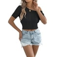 thumbnail image 2 of Womens Summer Tops Crochet Sweaters Resort Wear Short Sleeve Hollow Out Knit Tops 2025 Beach Coverup Black L, 2 of 9