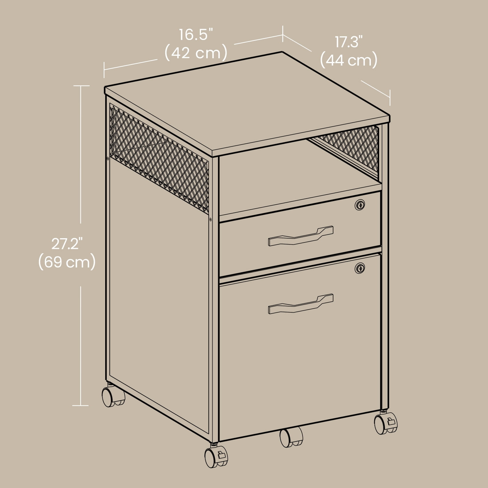 LEDREM Mobile 2-Drawer File Cabinet with Lock & Wheels, Steel Frame Office Storage for A4/Letter Files, Includes Open Shelf & Locking Casters, Rustic Brown and Black
