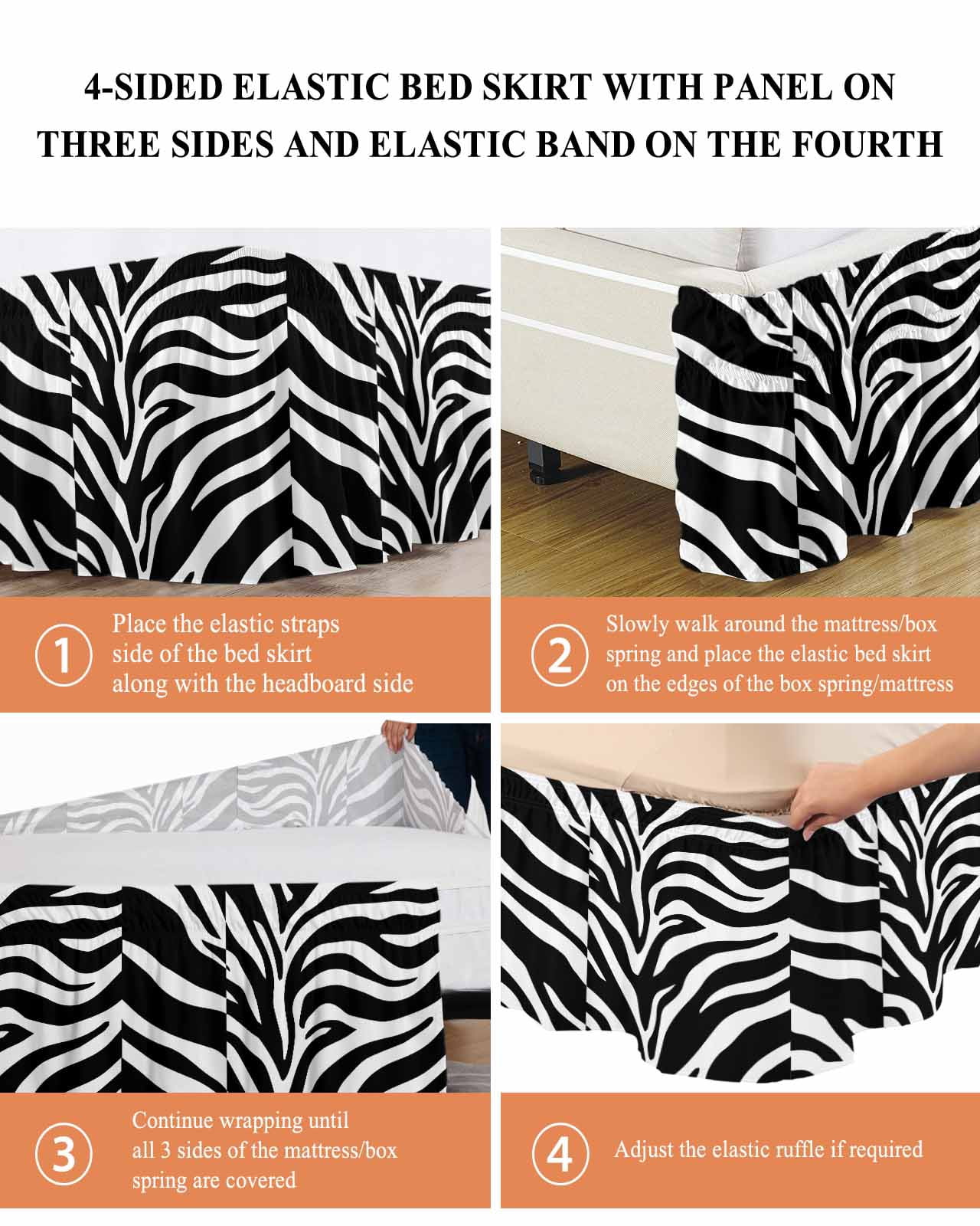 Abstract Tiger Print Bed Skirt Queen Size 18 Inch Drop, Black White Animal Fur Texture Modern Art Adjustable Elastic Dust Ruffles Bedskirt for Queen Bed Wrap Around Pleated Mattress Frame Cover