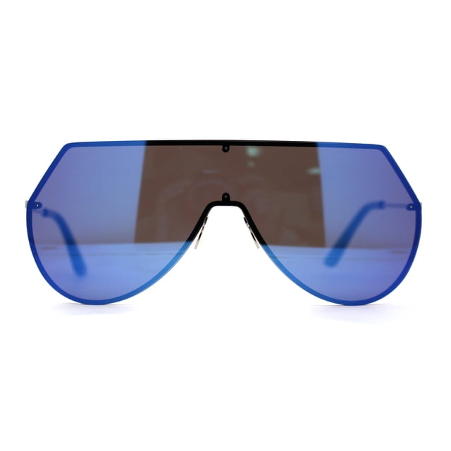 Color Mirror Futuristic Flat Top Shield Rimless Sunglasses Silver Blue Mirror