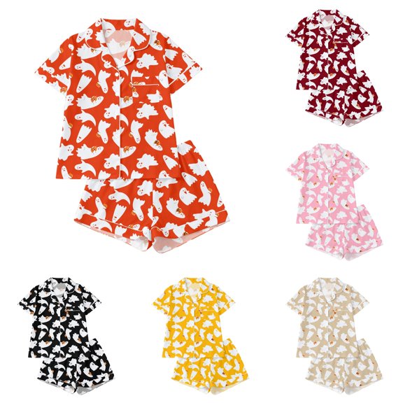 FYDUU Halloween Girls Pajamas Button Down Pajama Sets 2 Piece Short Sleeve Top and Shorts Sleepwear Kids Halloween Holiday Pajama Sets 4-5 Years
