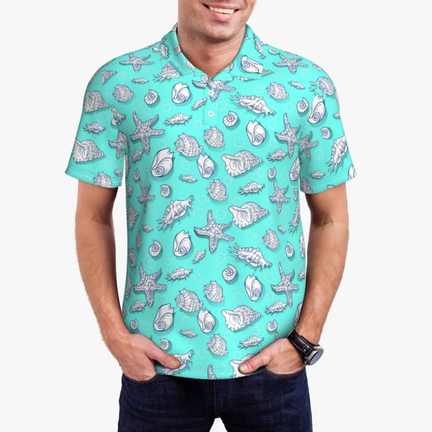 Balery Seashell And Starfish Camisa Polo de Hombre con Estampado, de Manga Corta y Tejido Medio, Camisa Tipo Golf Polo-X-Large