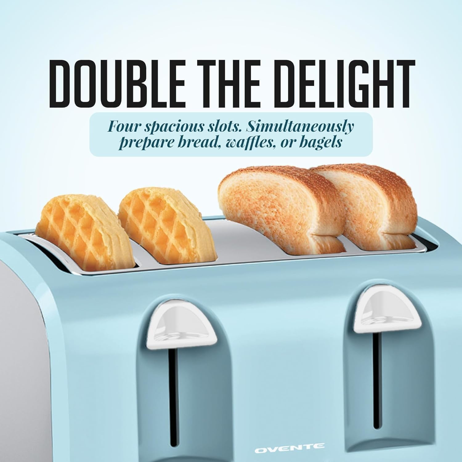 OVENTE Electric 4-Slice Toaster Machine with 6-Shade Selector Setting, Cancel Button, Defrost Function, Crumb Tray, 1400W Power and Wide Slots for Bagels, Waffles and Puff Pastry Light Blue TS4410LBL