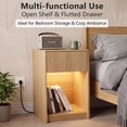 thumbnail image 3 of Fluted Nightstand with Charging Station and LED Light, Mid Century Modern Bedside Table with Drawer and Open Storage Shelf, Rounded Corners End Table for Bedroom Living Room, Natural Wood, 3 of 9