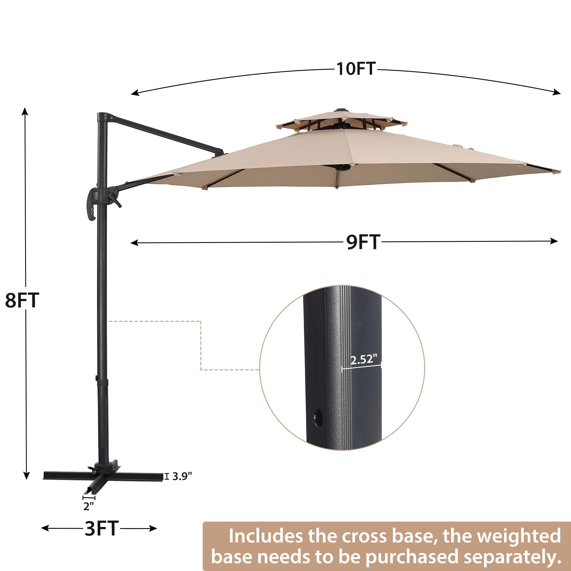 Autlaycil 10 FT Aluminum Offset Outdoor Cantilever Umbrella with 360-degree Rotation, 2-Tier Patio Umbrella - Khaki