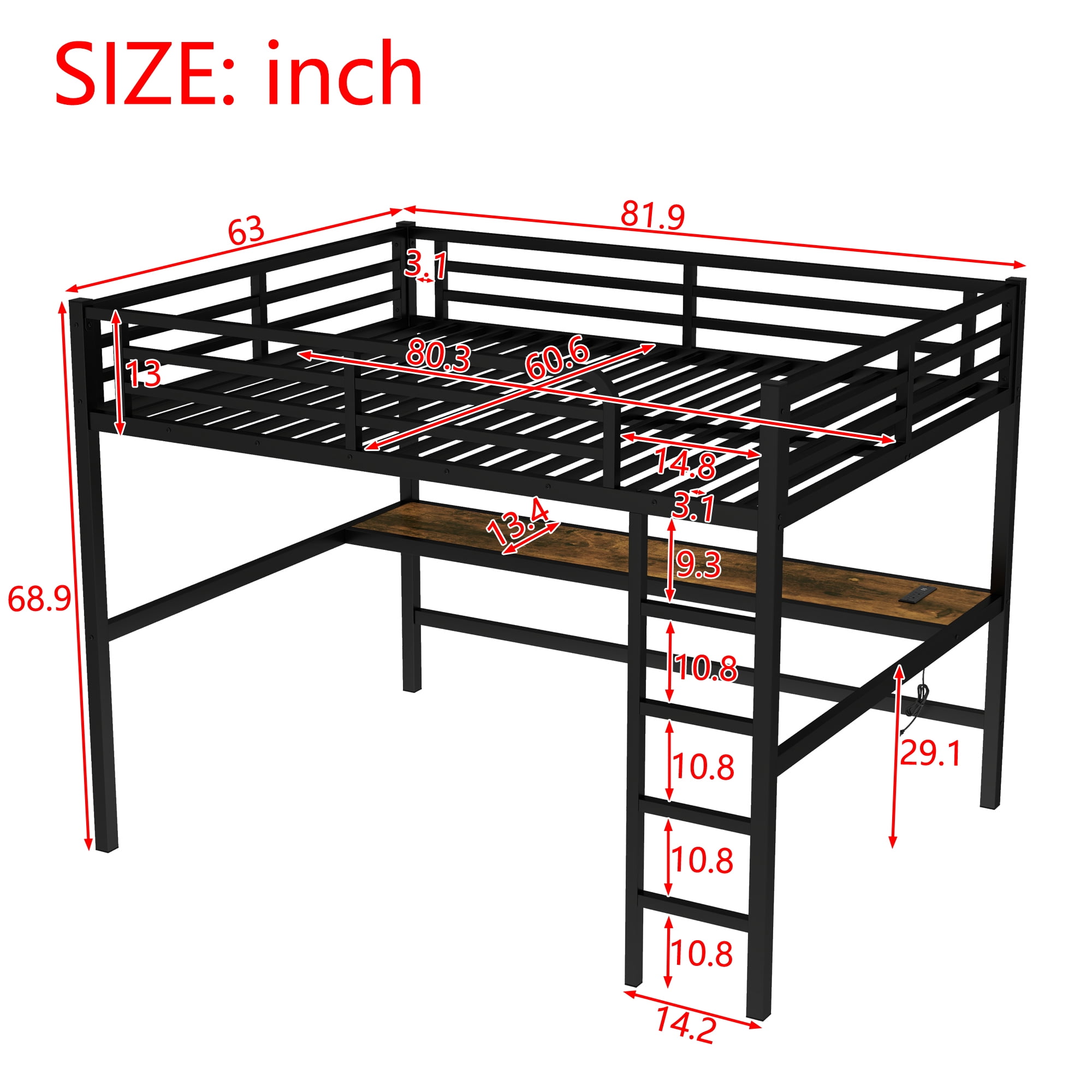 Mintazer Queen Size Metal Loft Bed with Power Outlet Desk and LED Lighted for Bedroom Furniture, Black