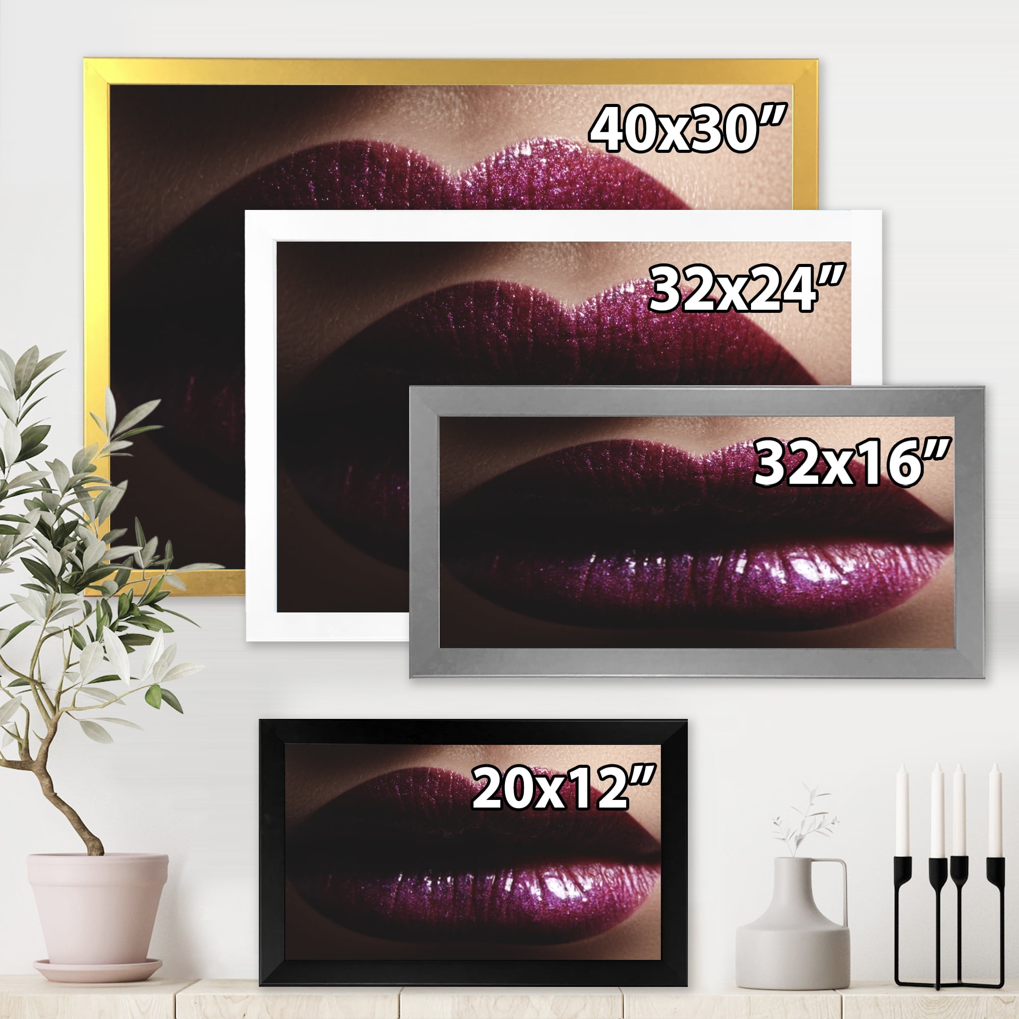 Designart 'Close-Up Of Woman Plump Lips With Glitter' Modern Framed Art Print