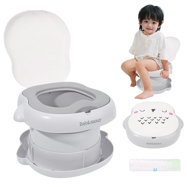 Orinal portátil Bebamour para niños que viajan, silla de baño plegable de entrenamiento para niñas pequeñas con bolsas de almacenamiento para exteriores e interiores, fácil de limpiar (búho)
