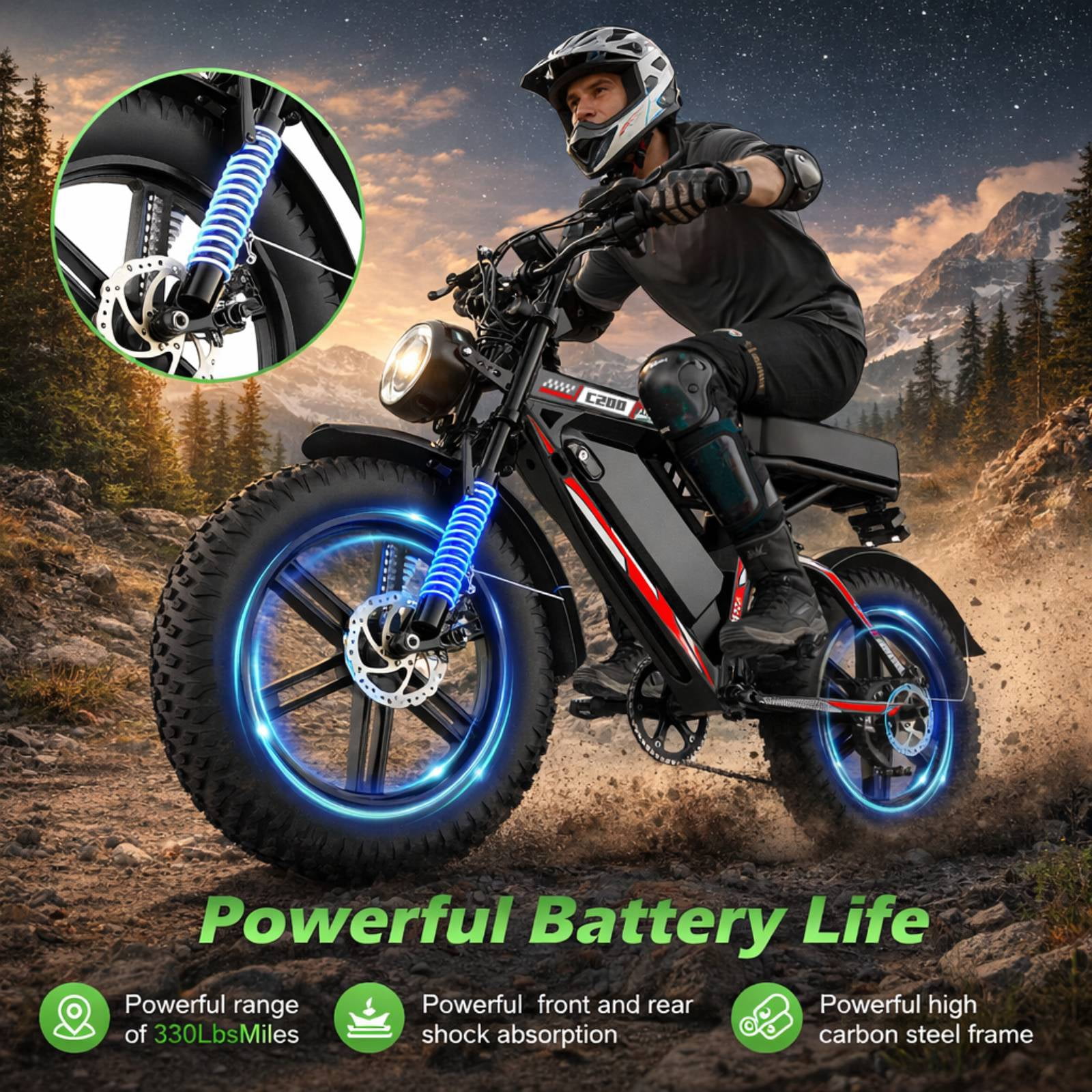 EggKing C200 1000W Electric Bike for Adults, 20" Fat Tire E-Mountain Bikes, 48V 17.5Ah 31MPH Electric Bicycle, Full Suspension UL2849 Black